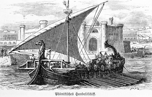 Phoenician merchant ship leaving port with full crew