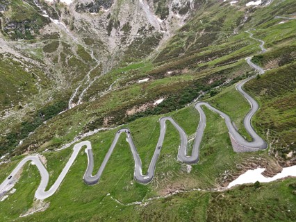 Aerial view of the serpentines on the north side of the Spluegen Pass