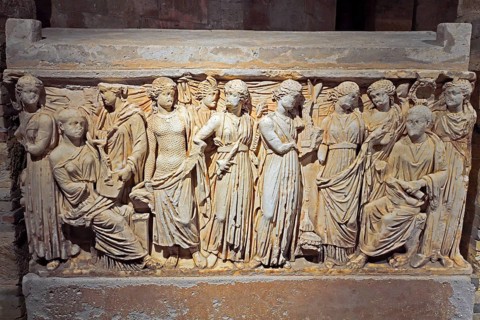 Historic coffins in the crypt of Palermo Cathedral