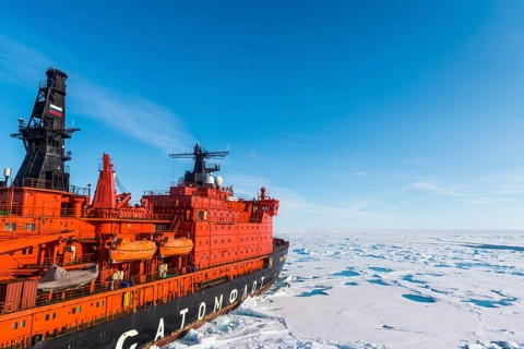 Aerial of the Icebreaker '50 years of victory' on the North Pole