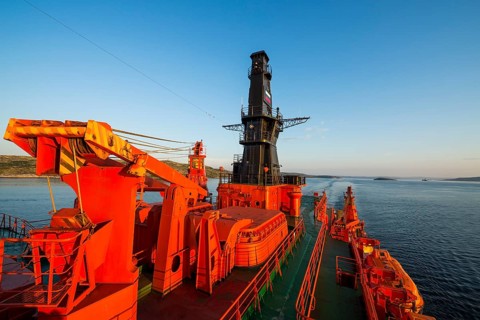 Sunset light on the nuclear icebreaker 50 years of victory
