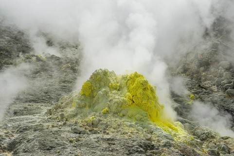 Sulphur pieces on Iozan (sulfur mountain) active volcano area