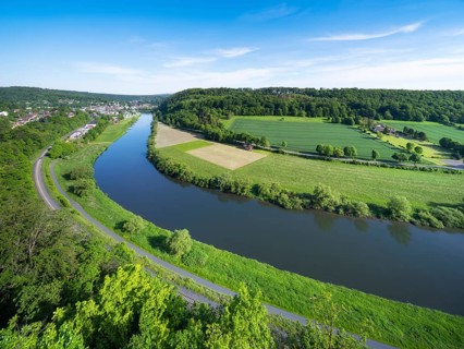 View from the Weser-Skywalk on the river Weser towards Bad Karlshafen