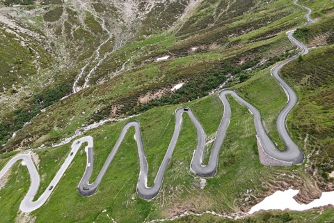 Aerial view of the serpentines on the north side of the Spluegen Pass