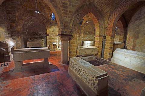 Historic coffins in the crypt of Palermo Cathedral