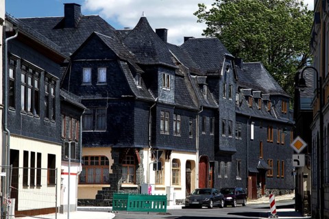 Town view with slate-roofed houses