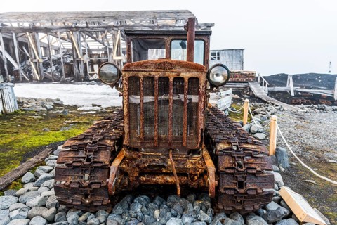 Historical caterpillar in the meteorological station Sedov in Tikhaya bay on Hooker island