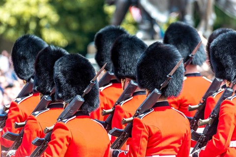 Guards of the Royal Guard with bearskin cap and weapons