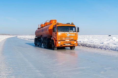 Truck on a Ice road on the frozen Lena river