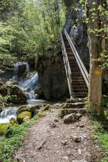 Hiking trail leads over wooden stairs past waterfall