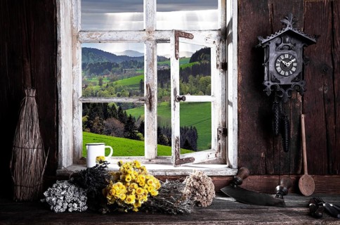 View from the farmer's kitchen with herb bouquets into the landscape