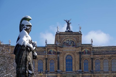 Maximiliansbruecke with statue of Pallas Athene and Maximilianeum