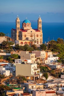 View from Ano Syros to the houses of Ermoupoli with the Anastasi church or Church of the Resurrection