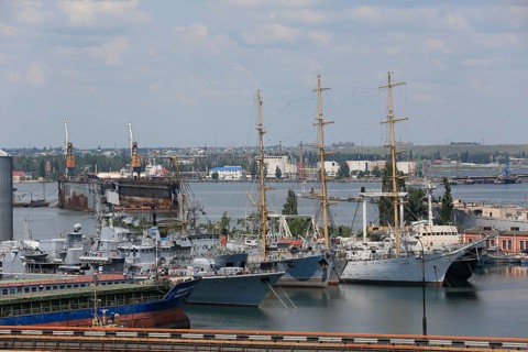 Naval port Odessa with windjammer Druzhba and decommissioned warships of the Black Sea Fleet