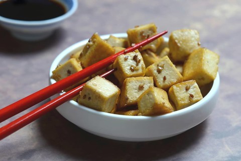 Fried tofu cubes in bowl