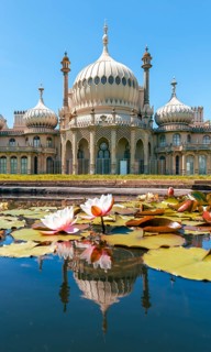 Royal Pavilion palace reflected in a pond with water lilies