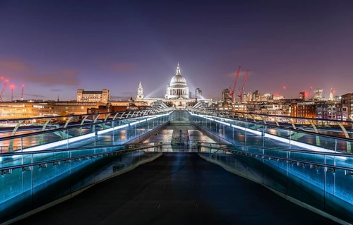 Millennium Bridge and St Paul's Cathedral at night
