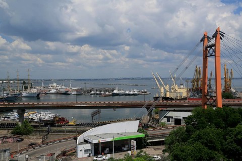 Naval port Odessa with windjammer Druzhba and decommissioned warships of the Black Sea Fleet