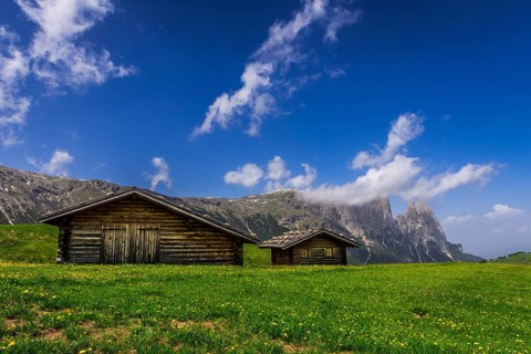 Alpine huts in front of the Schlern massif