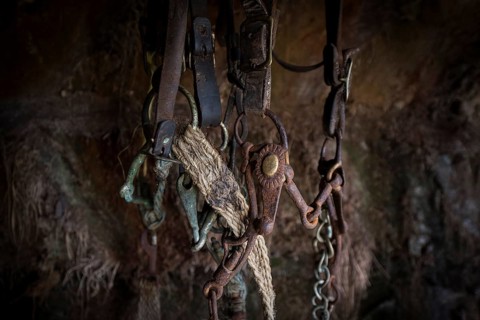 Rusty bridle in horse stable in original peat construction
