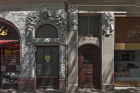Art Nouveau entrances around 1900 with decorative reliefs