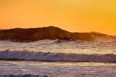Fishing boat with seagulls in the surf
