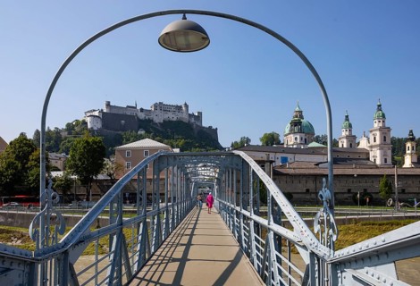 Mozartsteg over the Salzach river with a view of Salzburg's old town