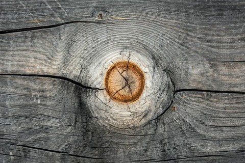 Weathered wood with knothole at an alpine hut