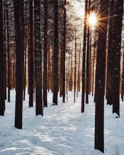 Sun star in coniferous forest with snow