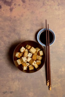 Fried tofu cubes in bowl