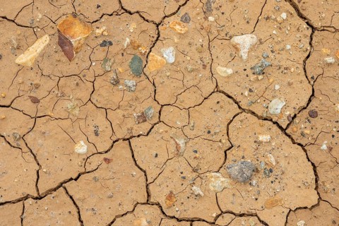 Cracks in the clay soil and coloured rhyolite rock