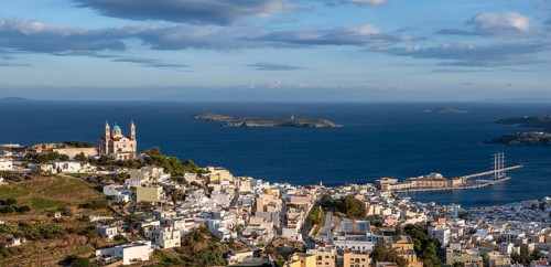 View from Ano Syros to the houses of Ermoupoli with the Anastasi Church or Church of the Resurrection