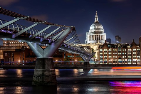 Millennium Bridge and St Paul's Cathedral at night