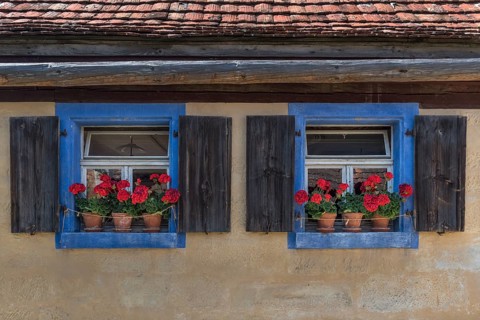 Window with geraniums of a crofter's house/vintner's house