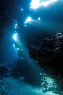 Sunbeams shining through reef top into cave in coral reef
