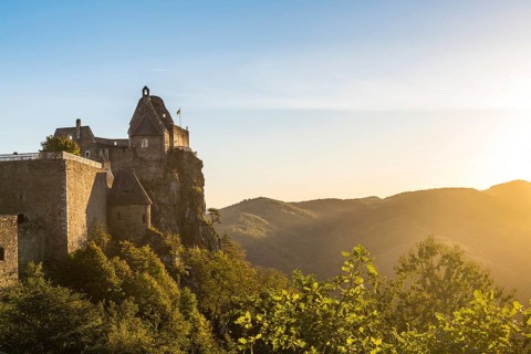 Castle Aggstein overlooking the Danuba in the Wachau at sunset