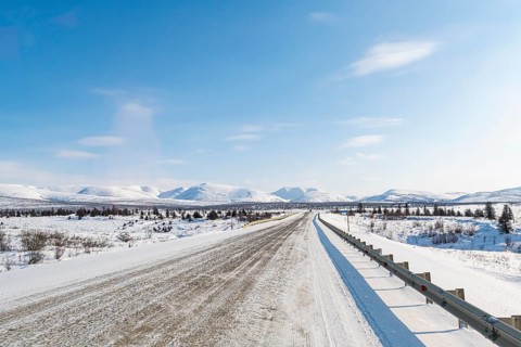 Snow covered mountains along the Road of Bones