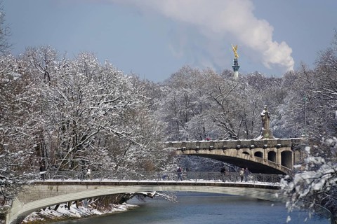 Isar river with cable bridge