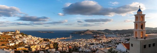 View from Ano Syros to the houses of Ermoupoli with the Anastasi Church or Church of the Resurrection