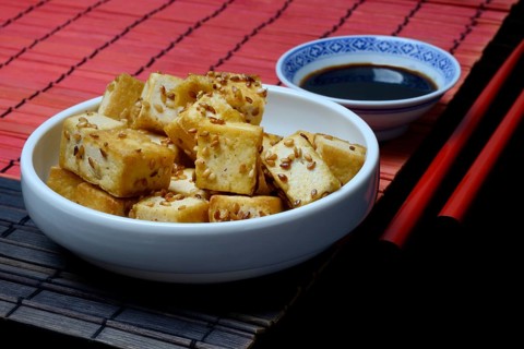Fried tofu cubes in bowl