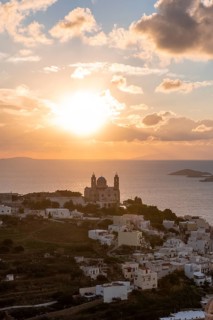 View from Ano Syros to the houses of Ermoupoli with the Anastasi church or Church of the Resurrection
