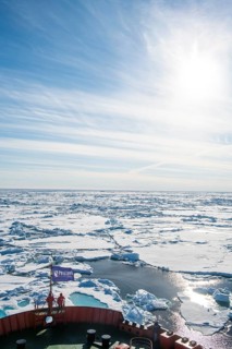 People enjoying the breaking ice on board of an icebreaker