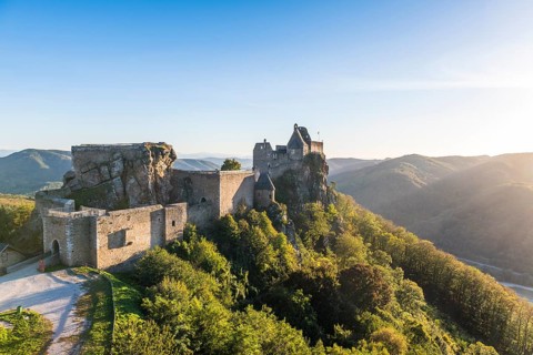 Castle Aggstein overlooking the Danuba in the Wachau at sunset