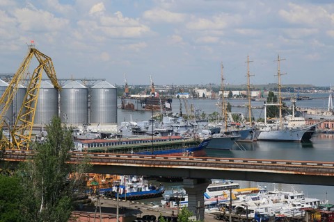 Naval port Odessa with windjammer Druzhba and decommissioned warships of the Black Sea Fleet