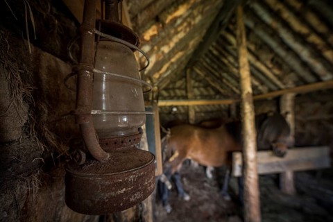 Old oil lamp in horse stable in original peat construction