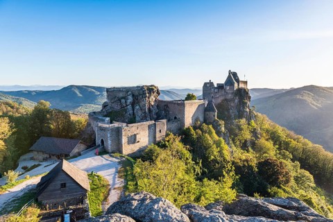 Castle Aggstein overlooking the Danuba in the Wachau at sunset