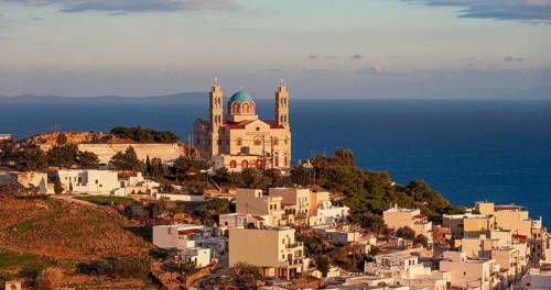 View from Ano Syros to the houses of Ermoupoli with the Anastasi church or Church of the Resurrection