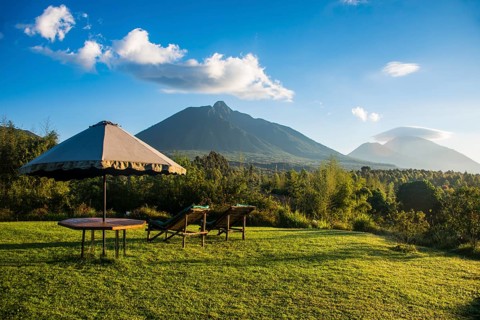 Sun umbrella and loungers in a luxury hotel in the Virunga National Park