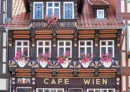 Half-timbered house Cafe Wien in the centre of Wernigerode