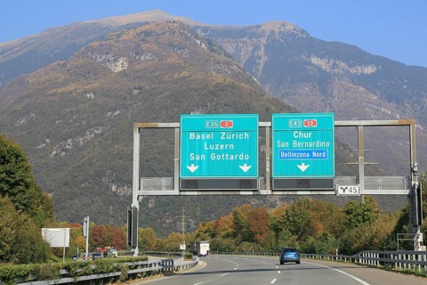 A2 E35 motorway near Bellinzona shortly in front of the junction to the Gotthard Pass or San Bernardino Pass A13 E43